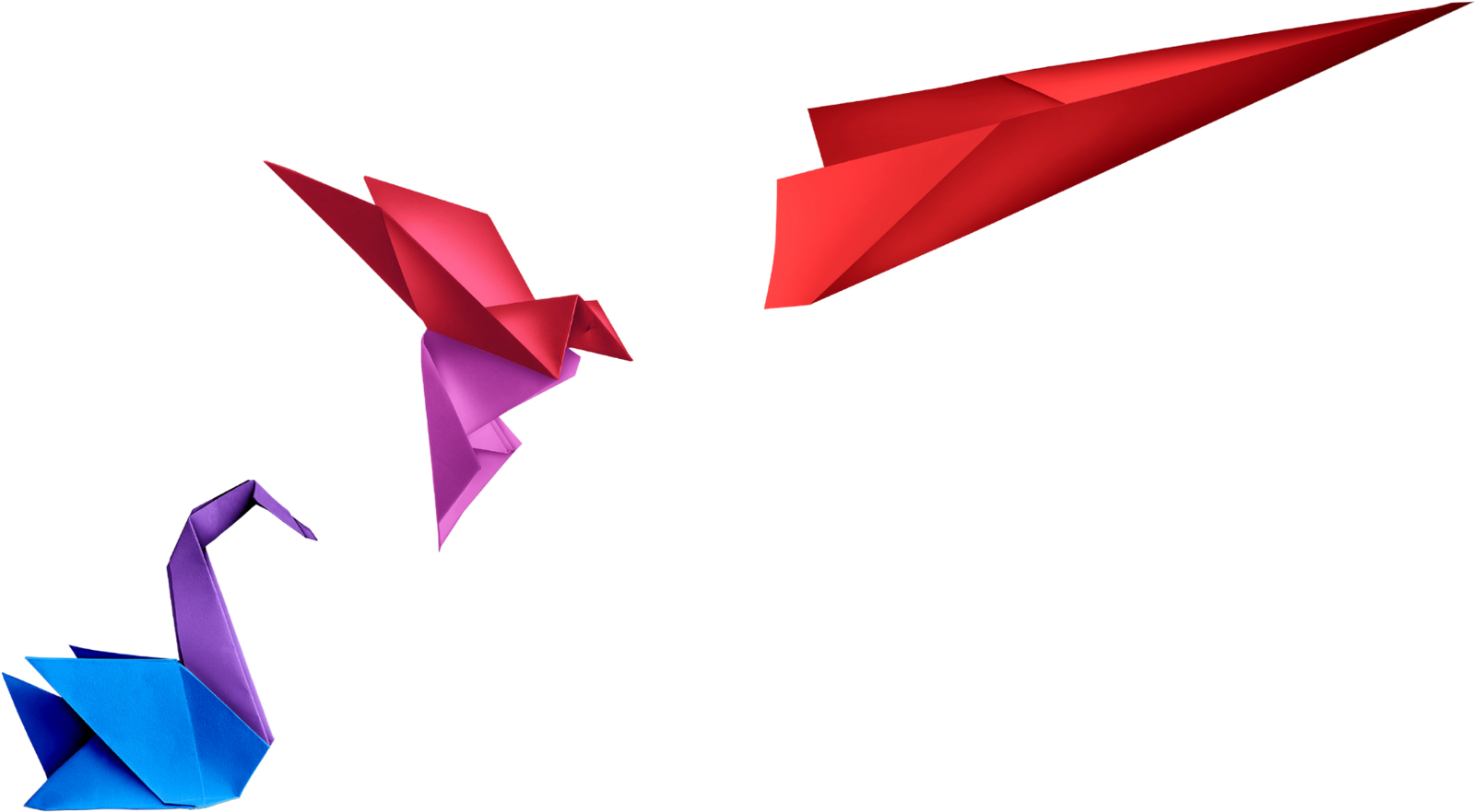 Three folded paper forms — one resting, one in flight, one travelling fast